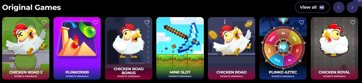 “Original Games” row showing NyxBets Originals tiles: Chicken Road 2, Plinko1000, Chicken Road Bonus, Mine Slot, Chicken Road, Plinko Aztec, and Chicken Royal, with a “View all” button.