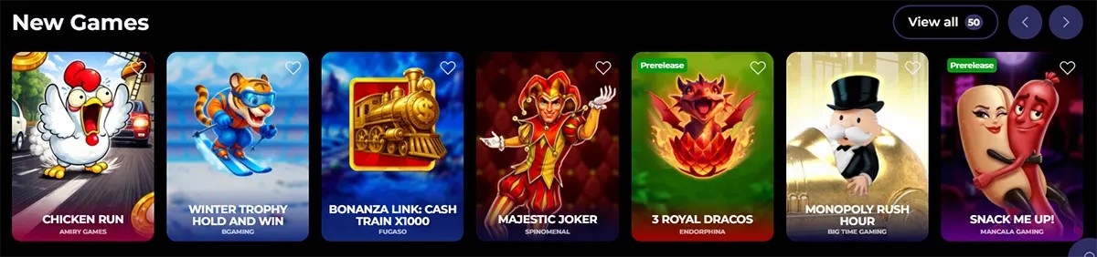 “New Games” row showing game tiles for Chicken Run, Winter Trophy Hold and Win, Bonanza Link: Cash Train X1000, Majestic Joker, 3 Royal Dracos (prerelease), Monopoly Rush Hour, and Snack Me Up! (prerelease), with a “View all” button.